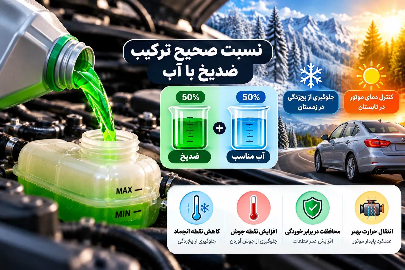 ضدیخ؛ نسبت ترکیب با آب و زمان تعویض