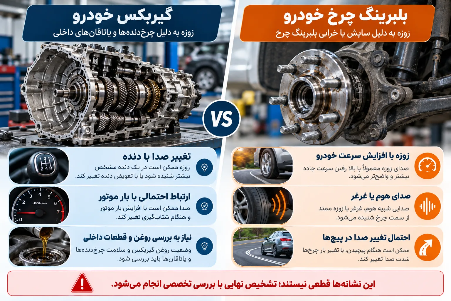 اینفوگرافیک تفاوت نشانههای زوزه بلبرینگ چرخ و گیربکس
