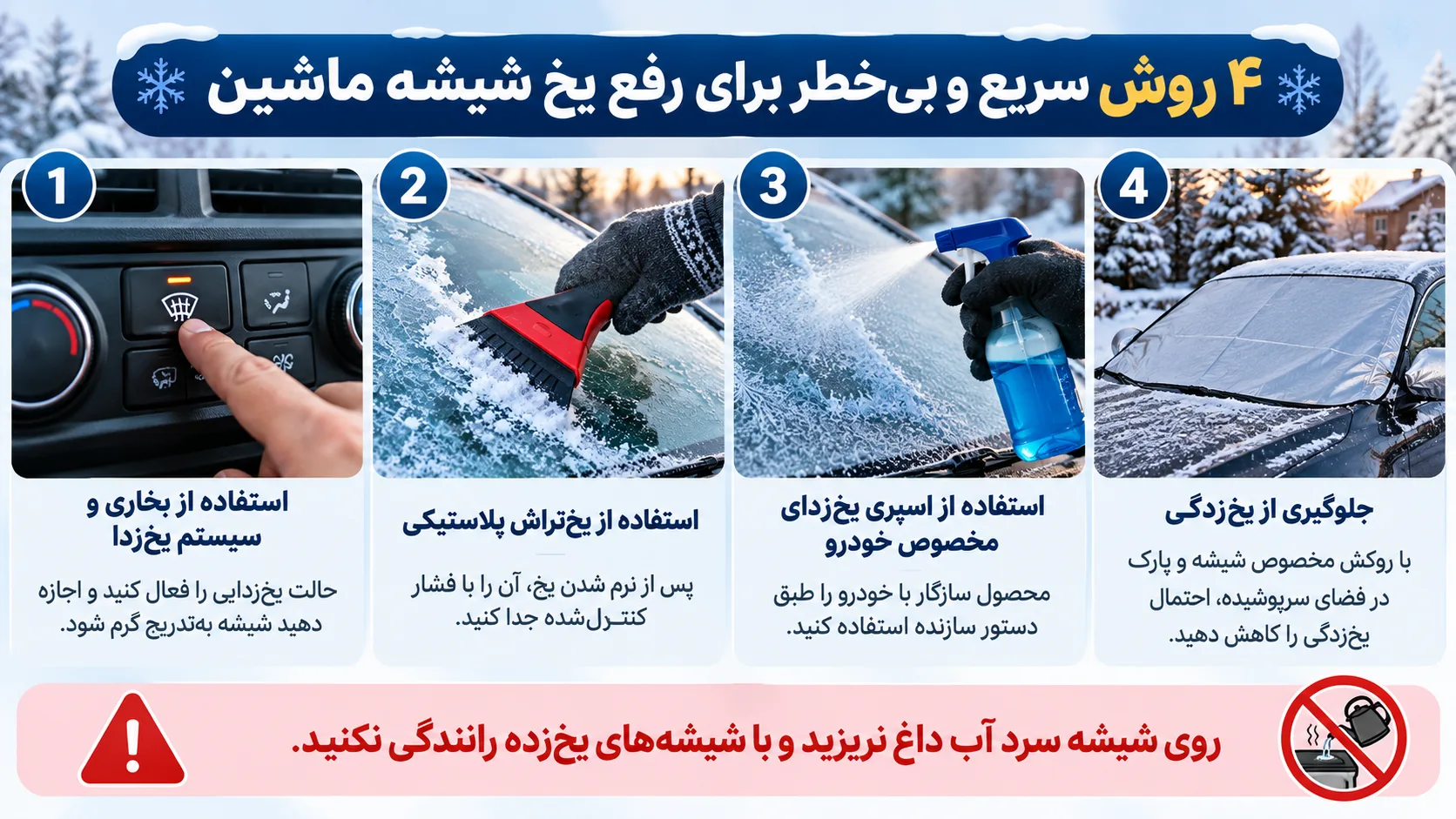 اینفوگرافیک روشهای سریع و بیخطر برای رفع یخ شیشه ماشین