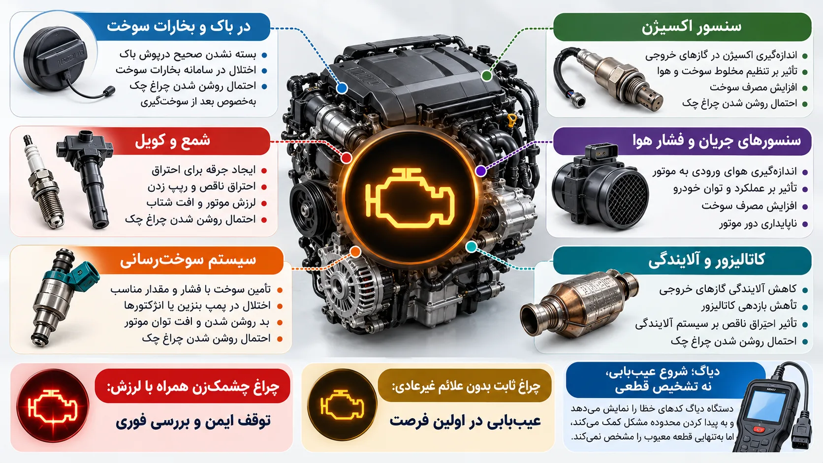 اینفوگرافیک علت‌های احتمالی روشن شدن چراغ چک و راهکار بررسی