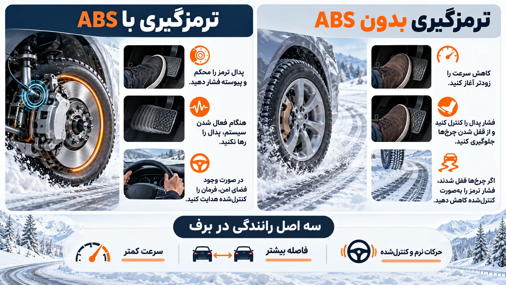 اینفوگرافیک آموزشی؛ تفاوت ترمزگیری با ABS و بدون ABS