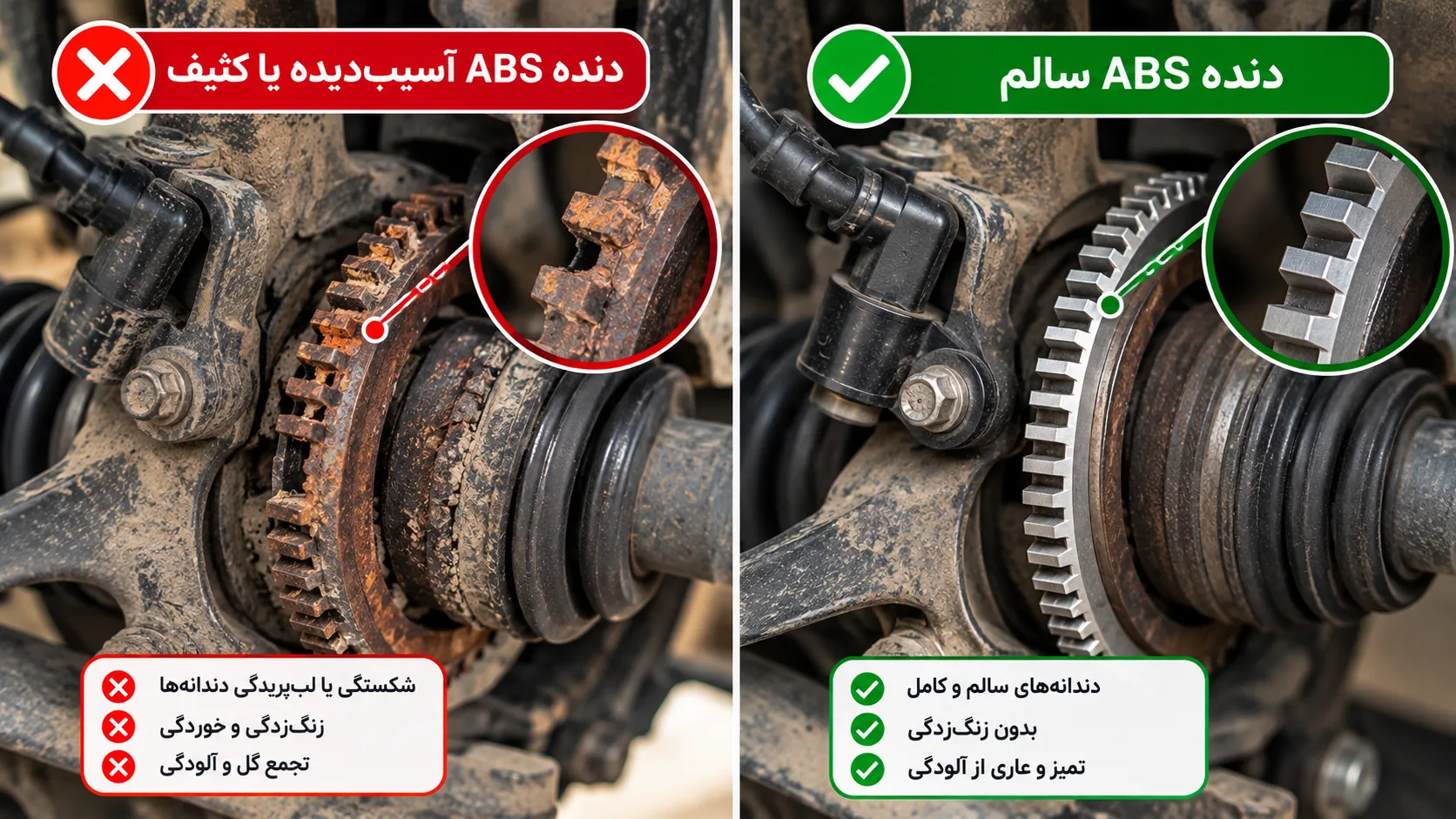 دنده ABS سالم و آسیب‌دیده پراید