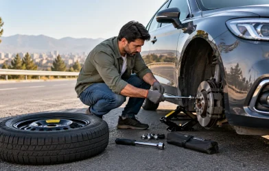 تعویض لاستیک زاپاس خودروی سواری در محل امن