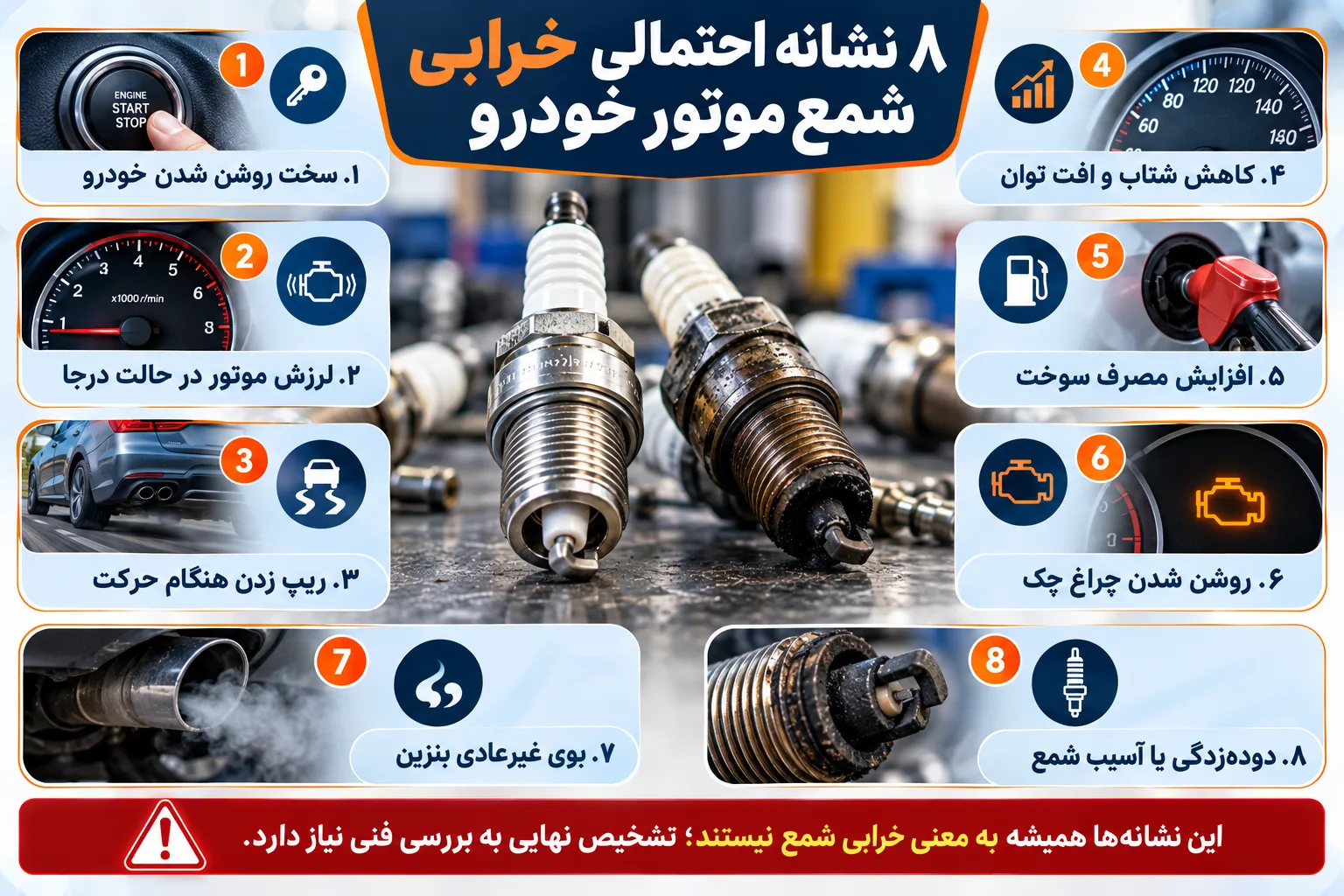 اینفوگرافیک هشت نشانه احتمالی خرابی شمع ماشین
