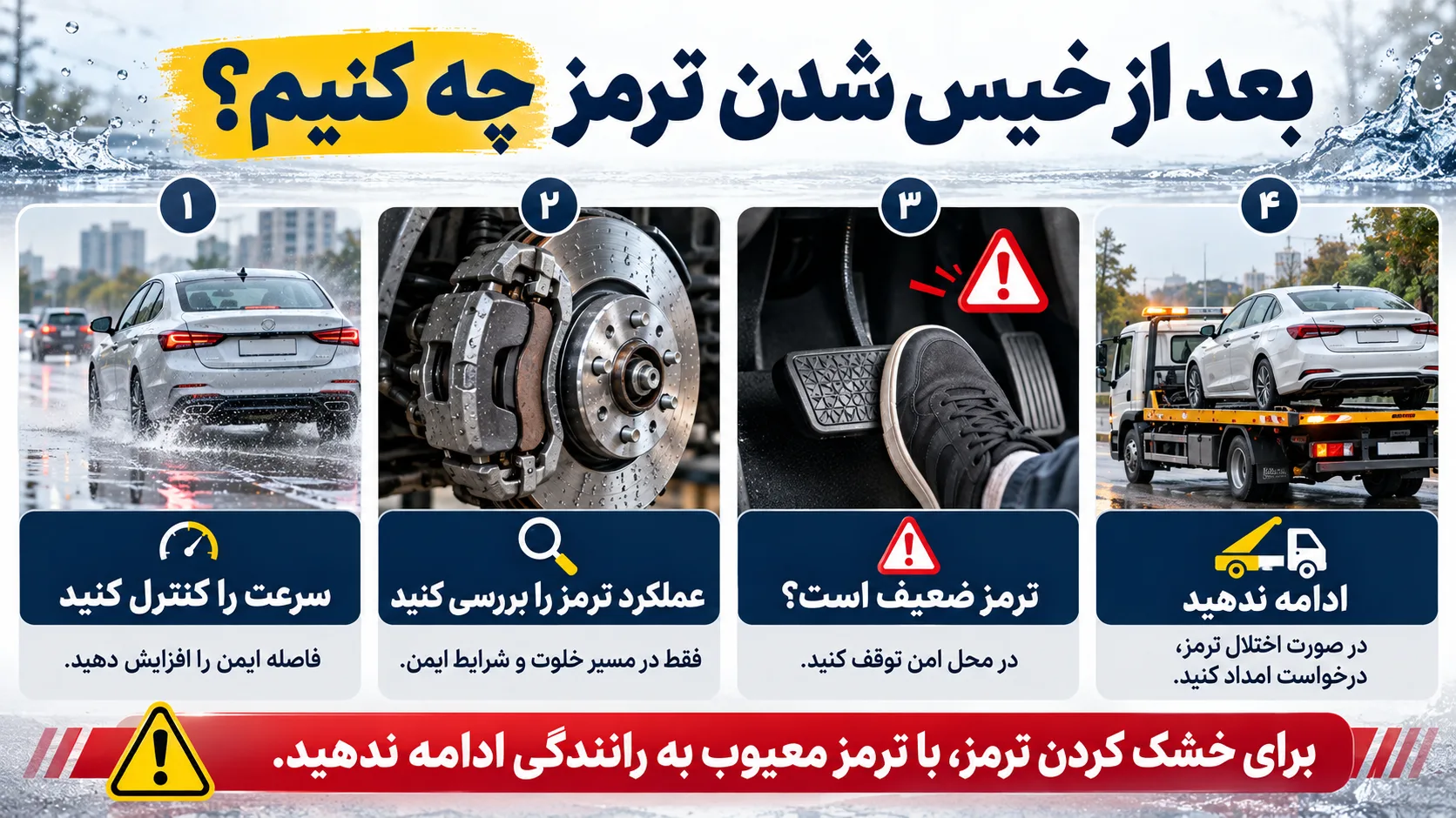 اینفوگرافیک اقدامات ایمن پس از خیس شدن ترمز