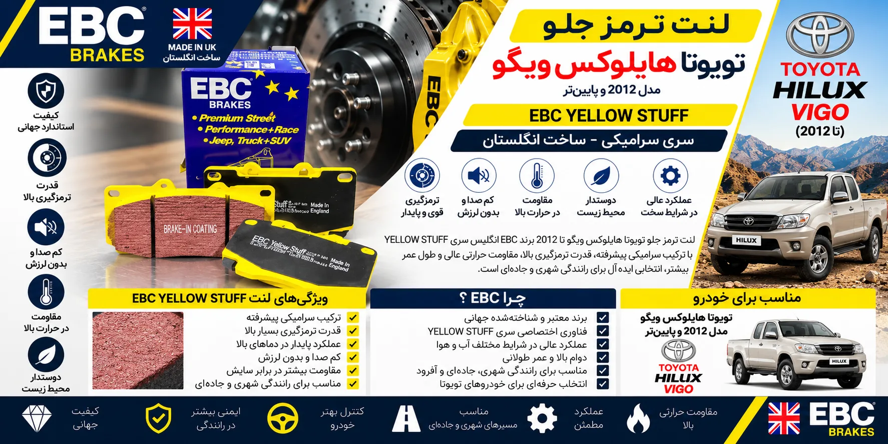 لنت ترمز جلو تویوتا هایلوکس ویگو تا ۲۰۱۲ برند EBC انگلیس سری YELLOW STUFF سرامیکی
