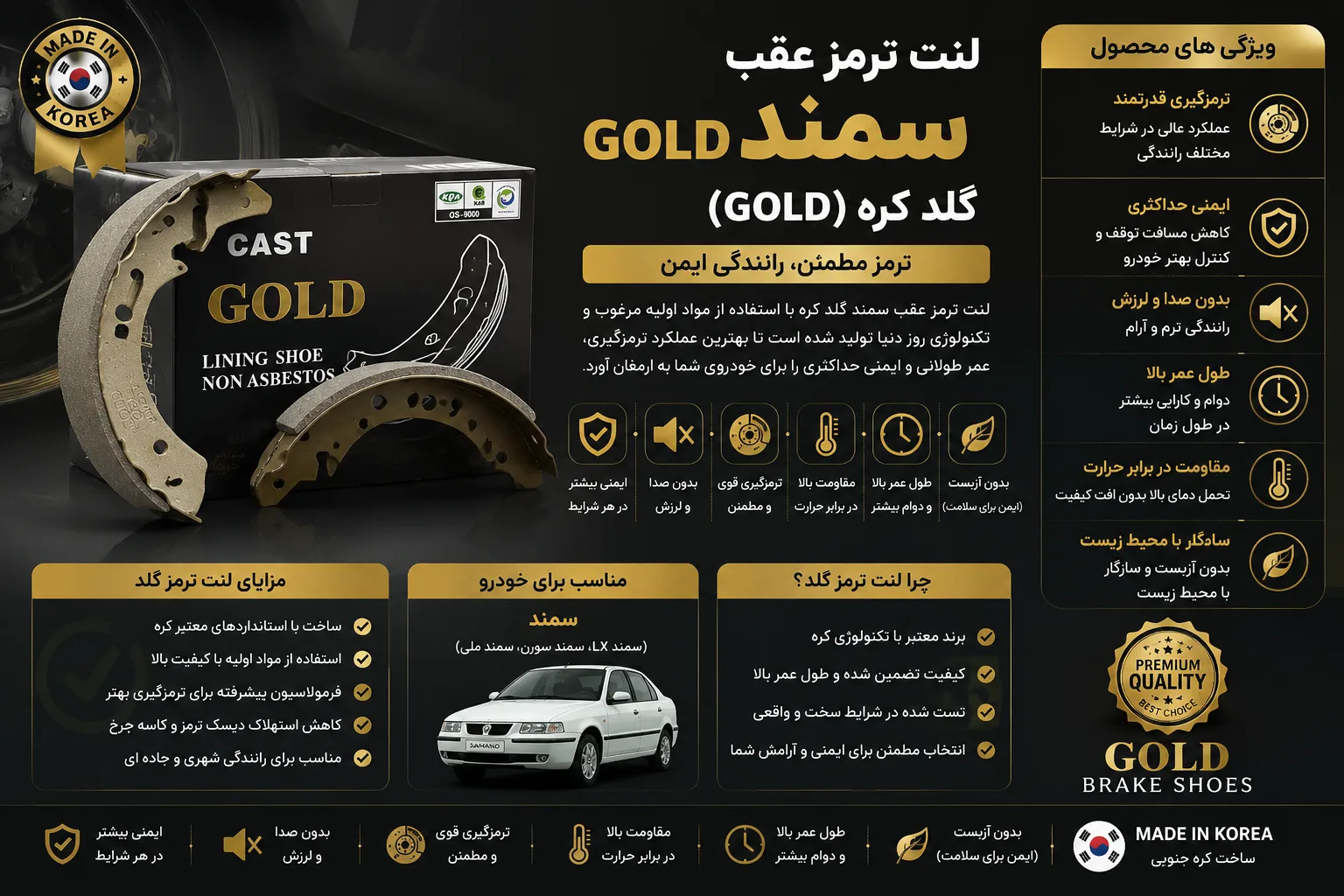 لنت ترمز عقب سمند گلد کره (GOLD)