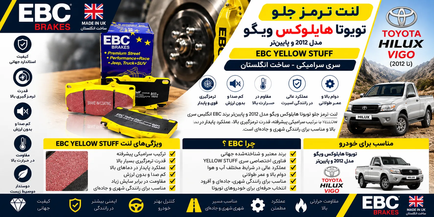 خرید لنت ترمز جلو تویوتا هایلوکس ویگو تا ۲۰۱۲ EBC انگلیس سری YELLOW STUFF سرامیکی