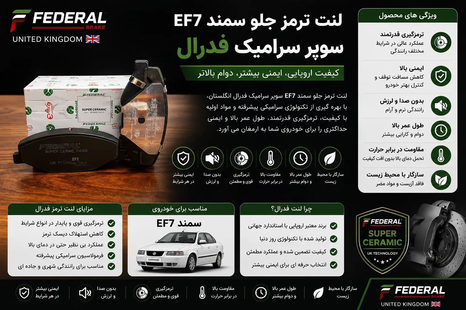 لنت ترمز جلو سمندEF7سوپر سرامیک فدرال انگلستان
