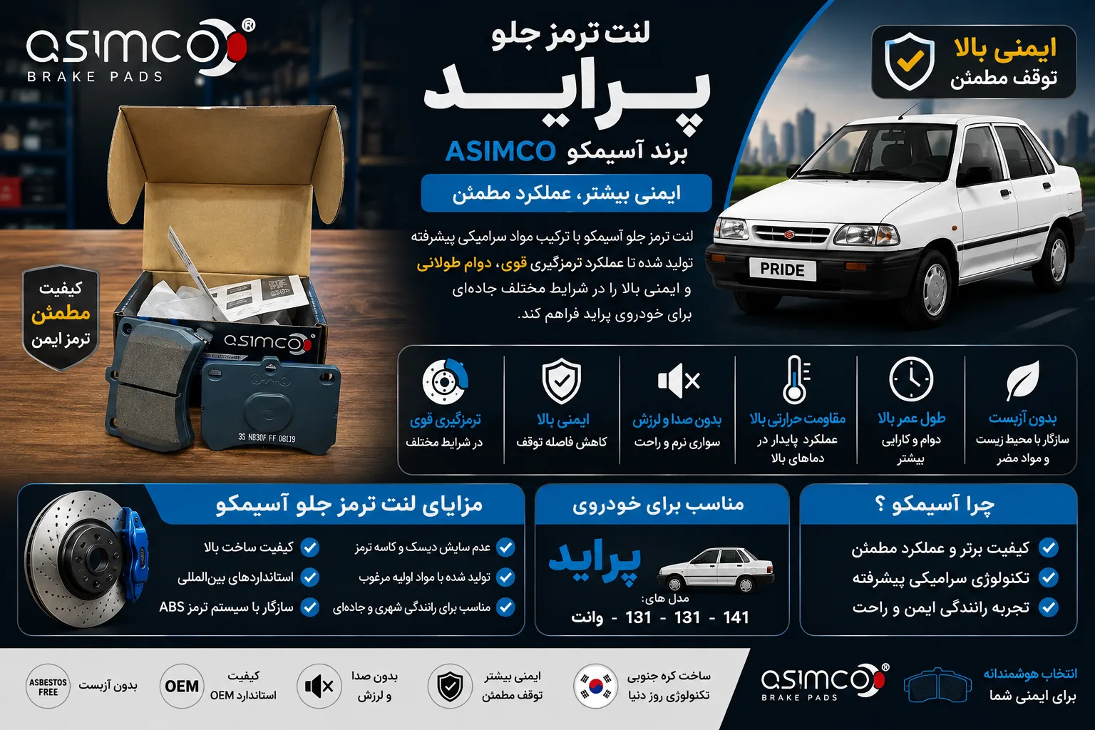 لنت ترمز جلو پراید برند آسیمکو ASIMCO