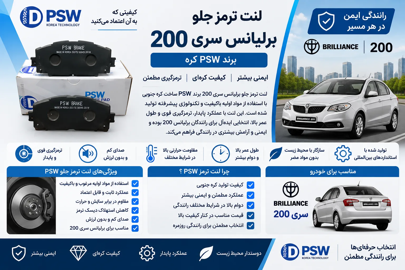 لنت ترمز جلو برلیانس سری 200 PSW کره