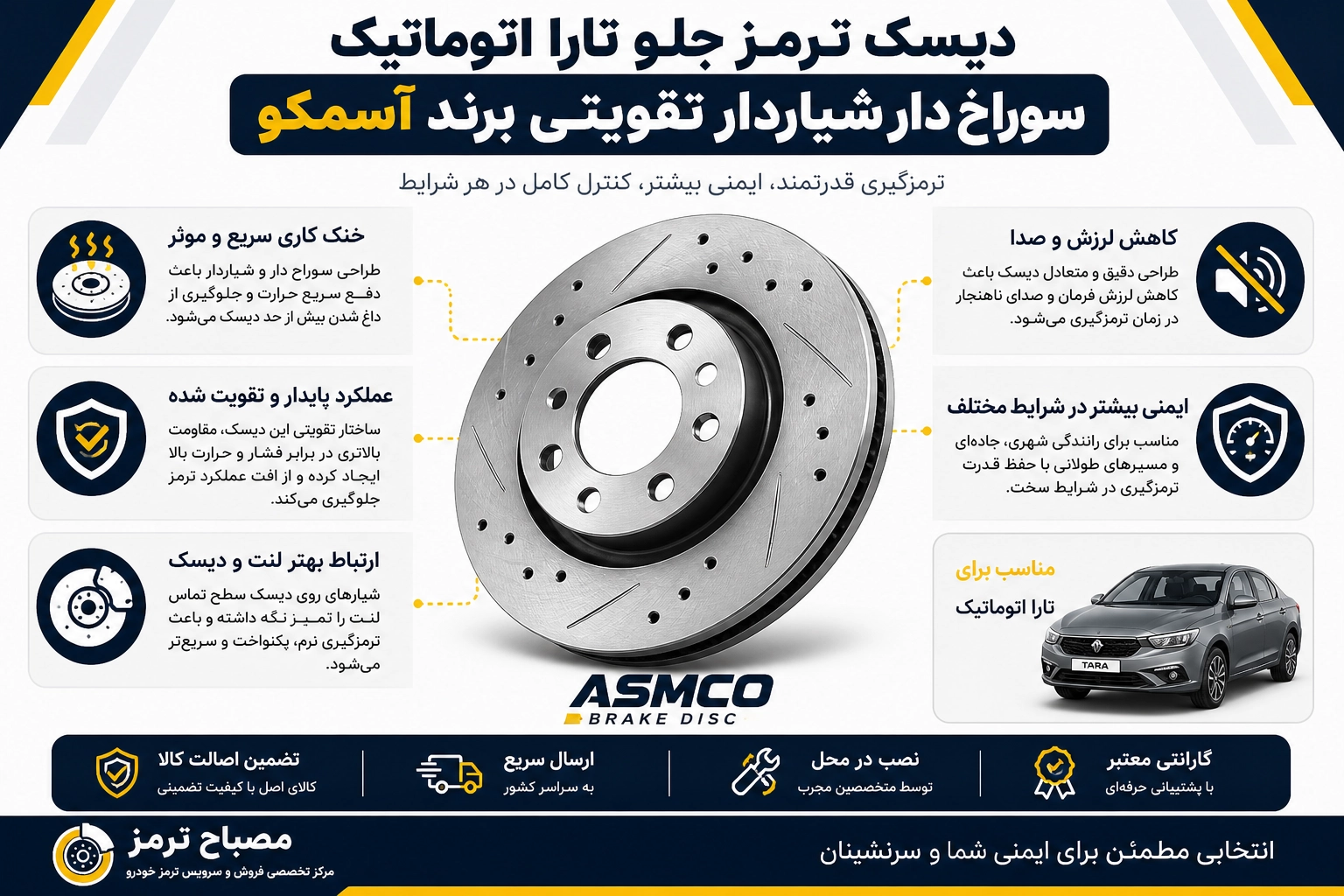 دیسک ترمز جلو تارا اتوماتیک سوراخ دار شیاردار تقویتی برند آسمکو