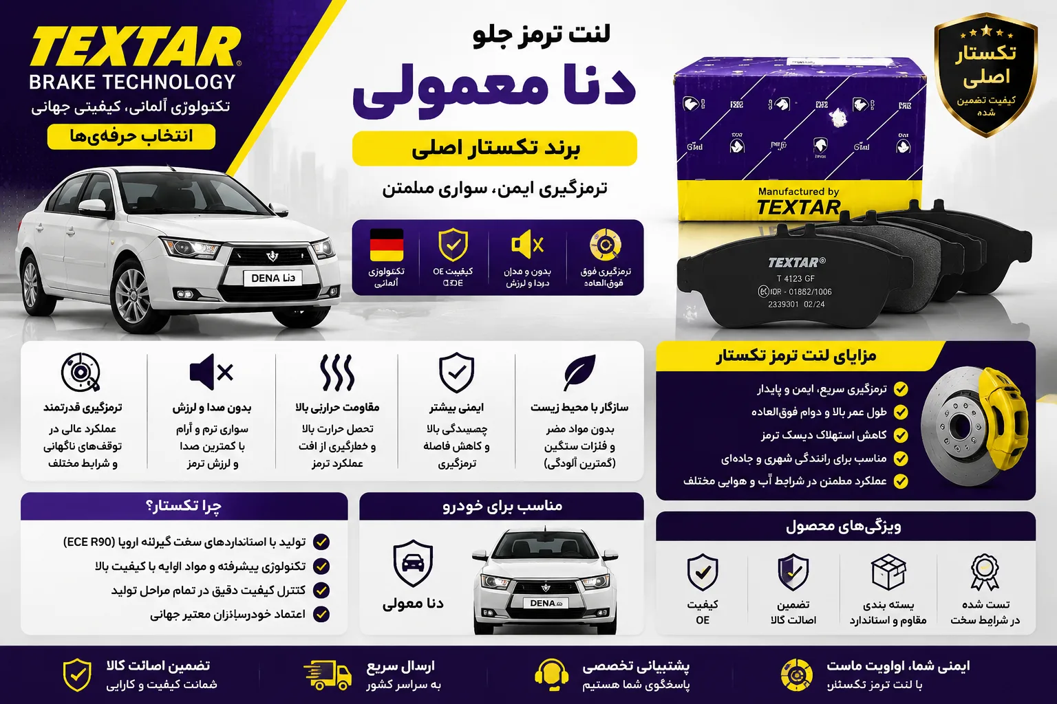 لنت ترمز جلو دنا معمولی برند تکستار اصلی