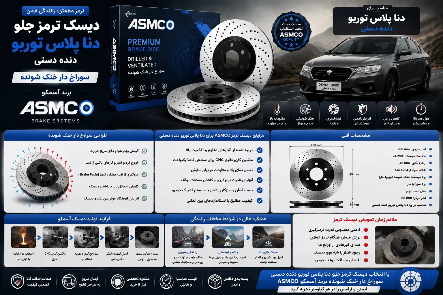 دیسک ترمز جلو دنا پلاس توربو دنده دستی سوراخ دار خنک شونده برند آسمکو ASMCO