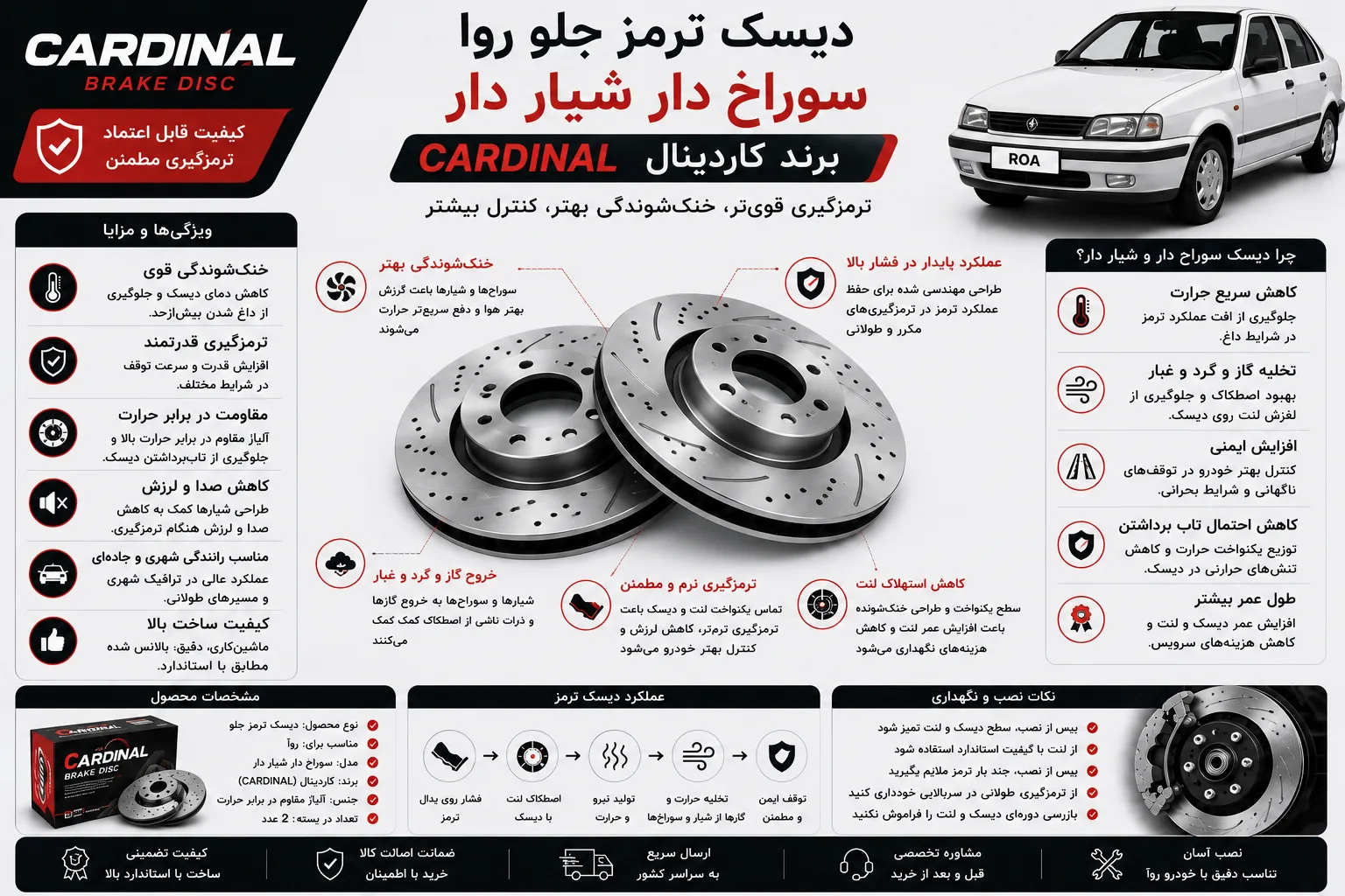 دیسک ترمز جلو روآ سوراخ دار شیار دار برند کاردینال