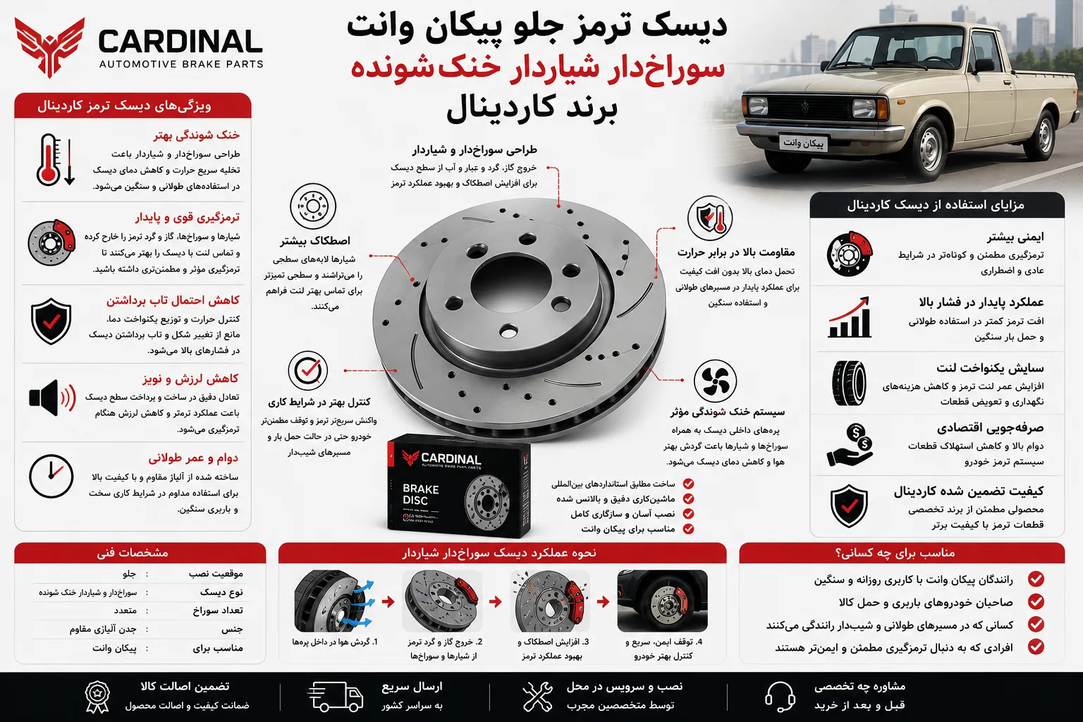 دیسک ترمز جلو پیکان وانت سوراخ‌دار شیاردار خنک‌شونده برند کاردینال