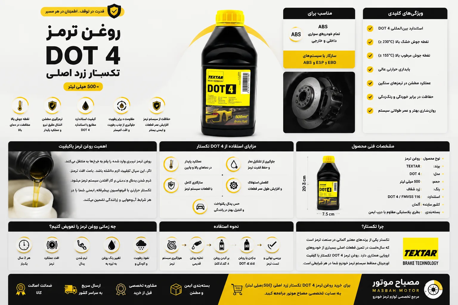 روغن ترمز DOT 4 تکستار زرد اصلی (500 میلی لیتر)