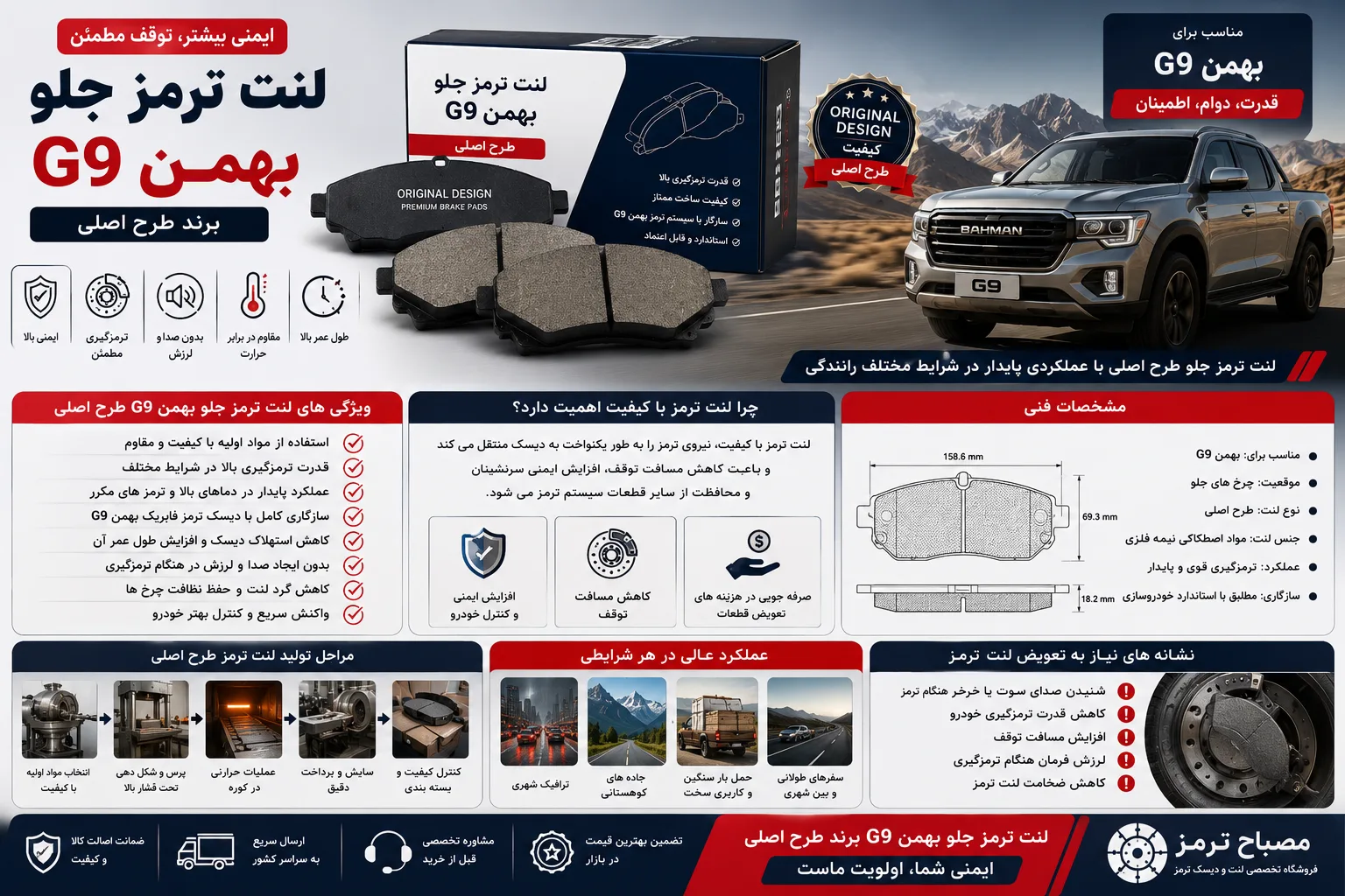 لنت ترمز جلو بهمن G9 برند طرح اصلی