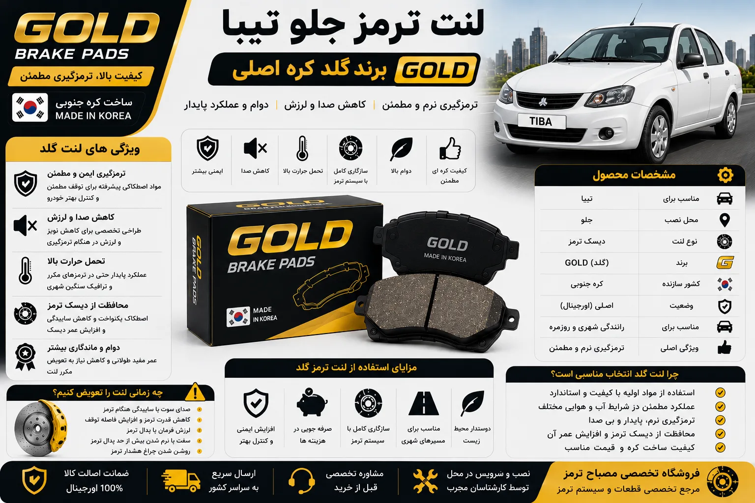 لنت ترمز جلو تیبا برند گلد کره اصلی GOLD