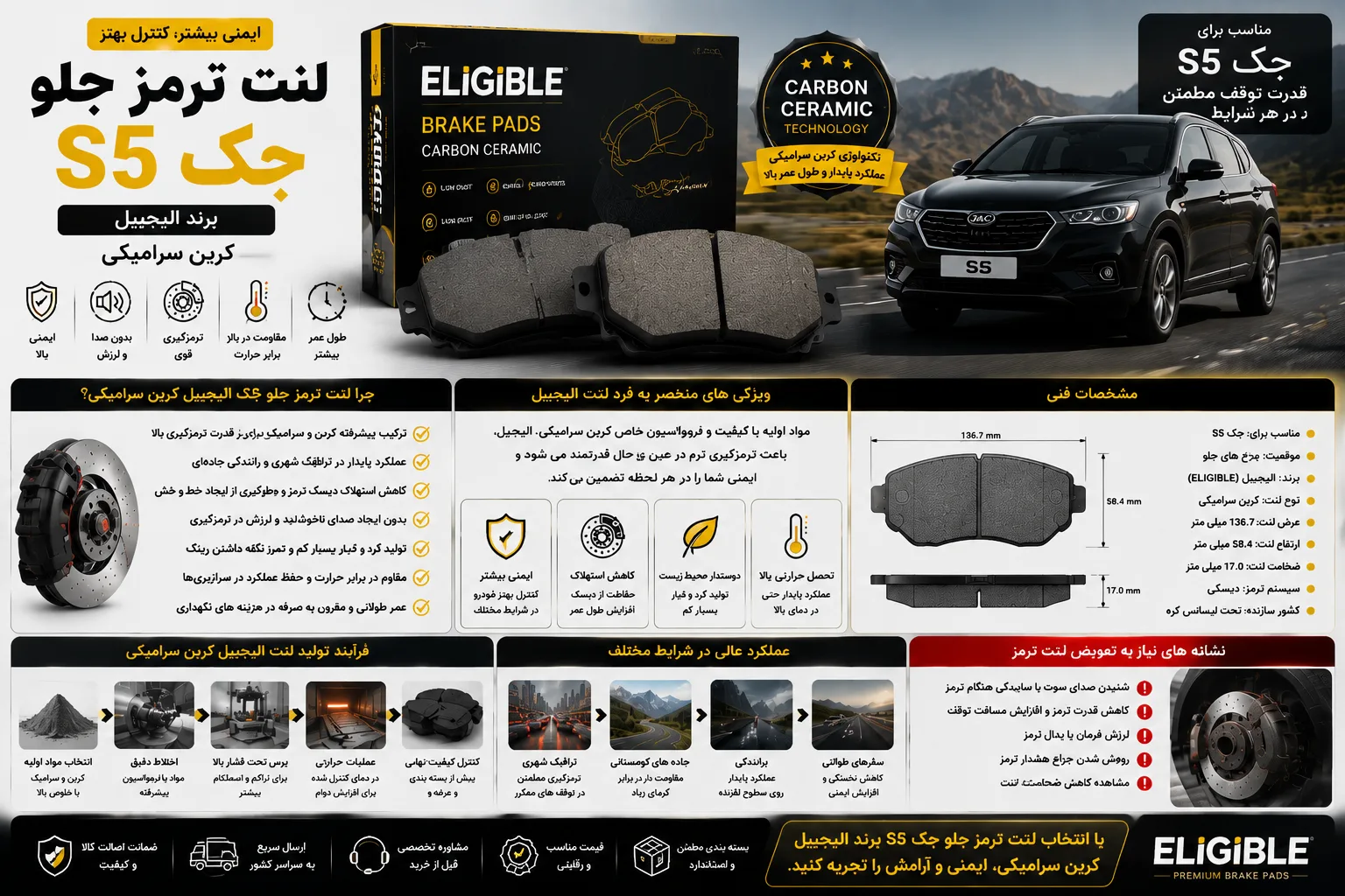 لنت ترمز جلو جک S5 برند الیجیبل کربن سرامیکی eligible