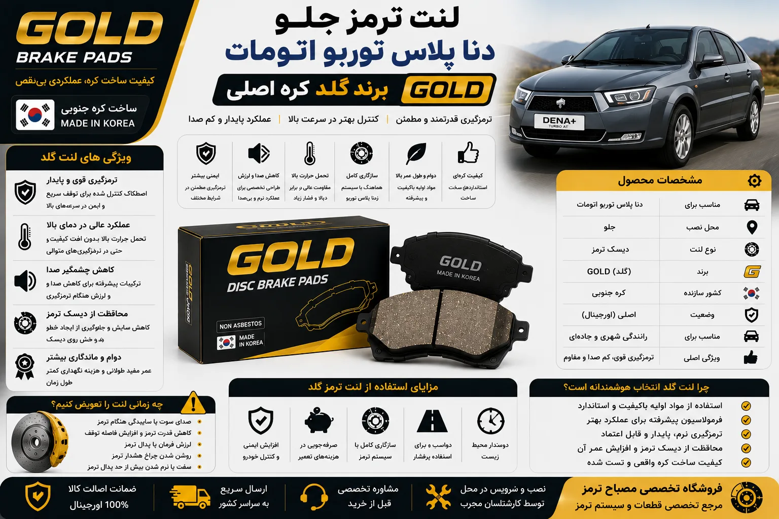 لنت ترمز جلو دنا پلاس توربو اتومات برند گلد کره اصلی GOLD