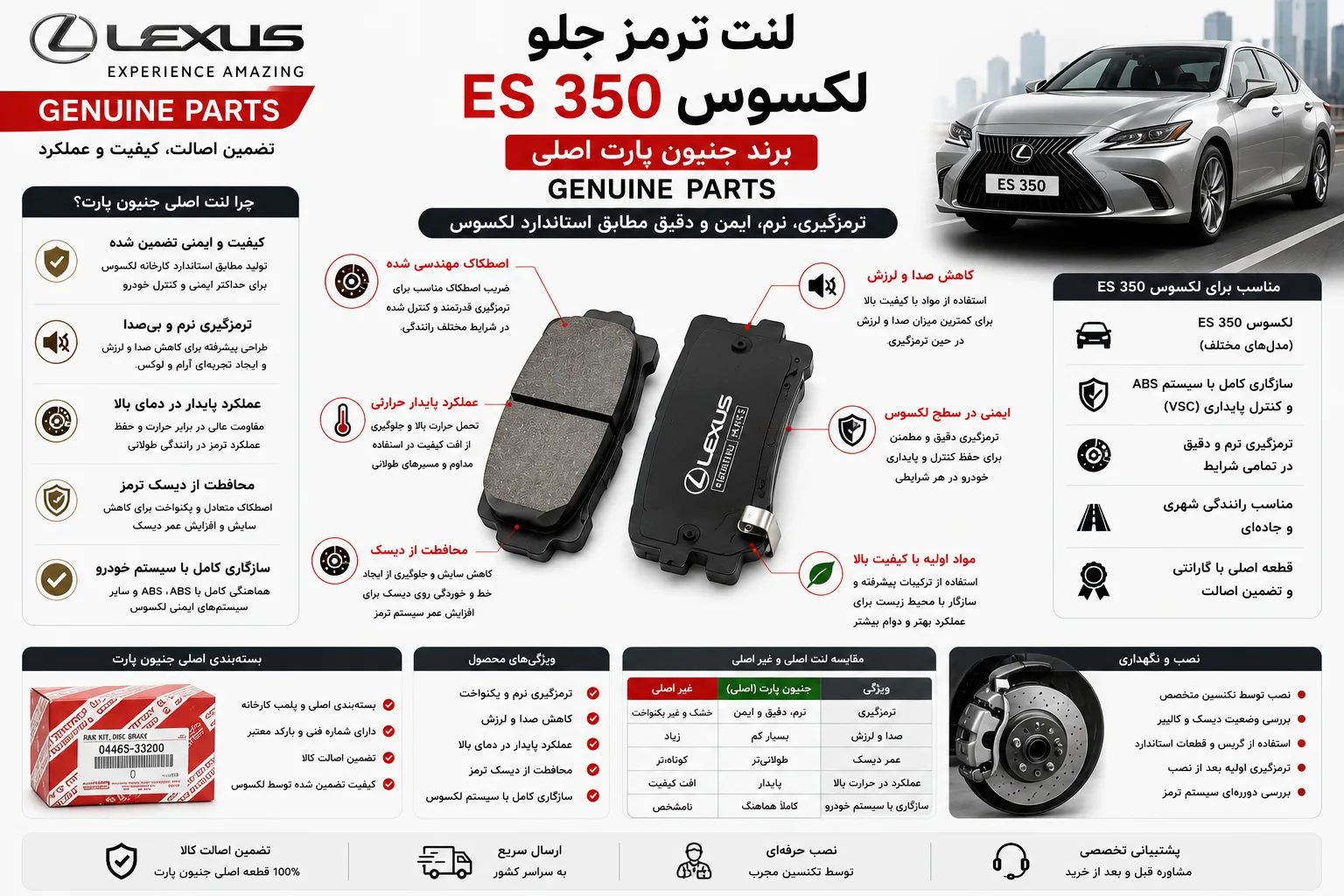 لنت ترمز جلو لکسوس ES 350 برند جنیون پارت اصلی GENUINE PARTS