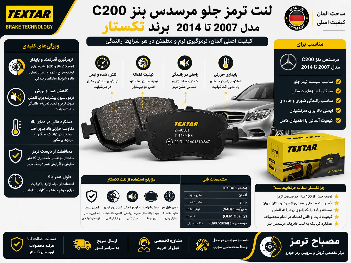 لنت ترمز جلو مرسدس بنز C200 مدل 2007 تا 2014 برند تکستار اصلی آلمان TEXTAR