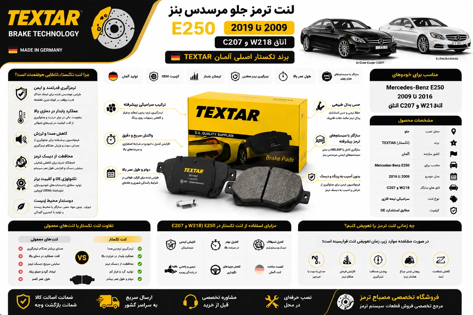 لنت ترمز جلو مرسدس بنز E250 مدل 2009 تا 2016 اتاق C207 و W218 برند تکستار اصلی آلمان TEXTAR