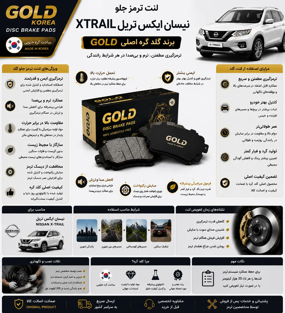 لنت ترمز جلو نیسان ایکس تریل XTRAIL برند گلد کره اصلی GOLD