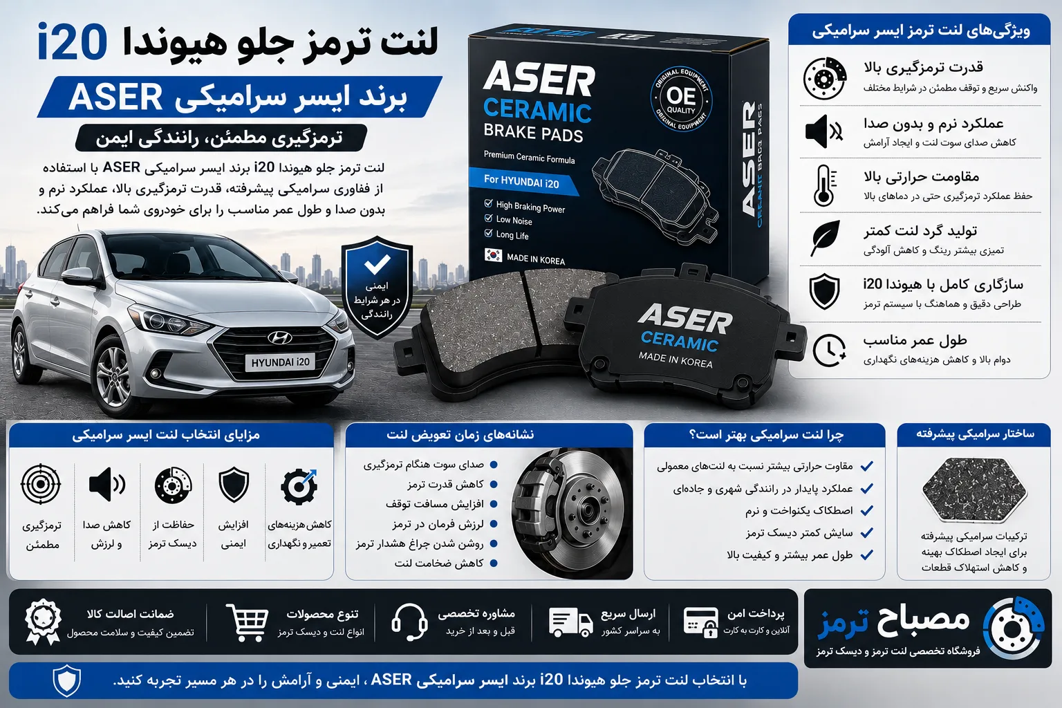 لنت ترمز جلو هیوندا i20 برند ایسر سرامیکی ASER