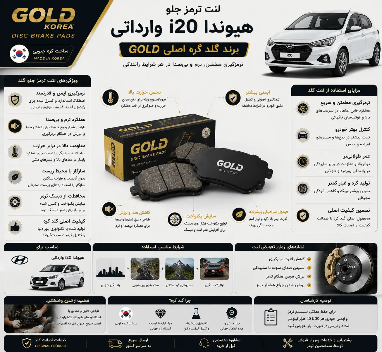 لنت ترمز جلو هیوندا i20 وارداتی برند گلد کره اصلی GOLD