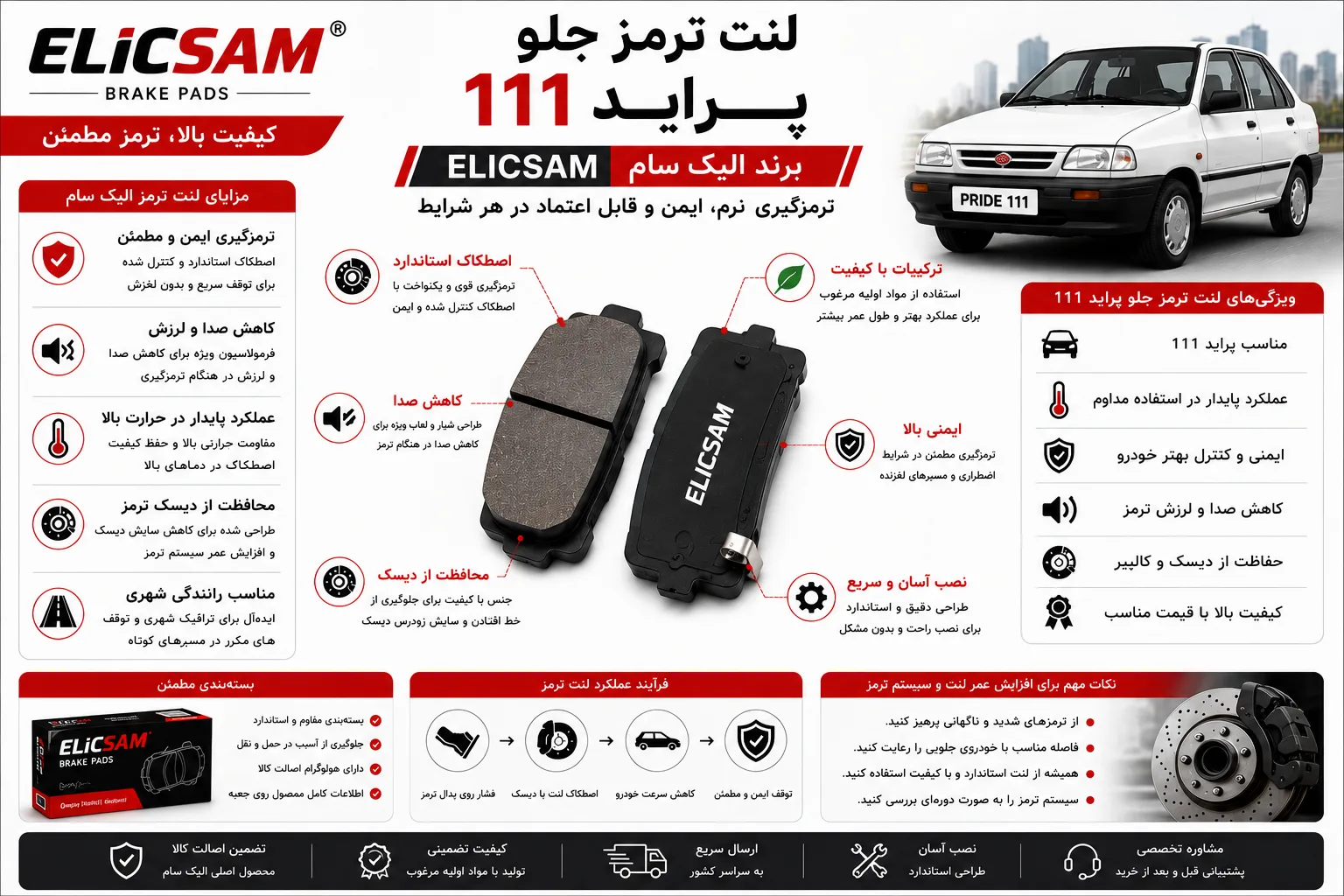 لنت ترمز جلو پراید 111 برند الیک سام ELICSAM