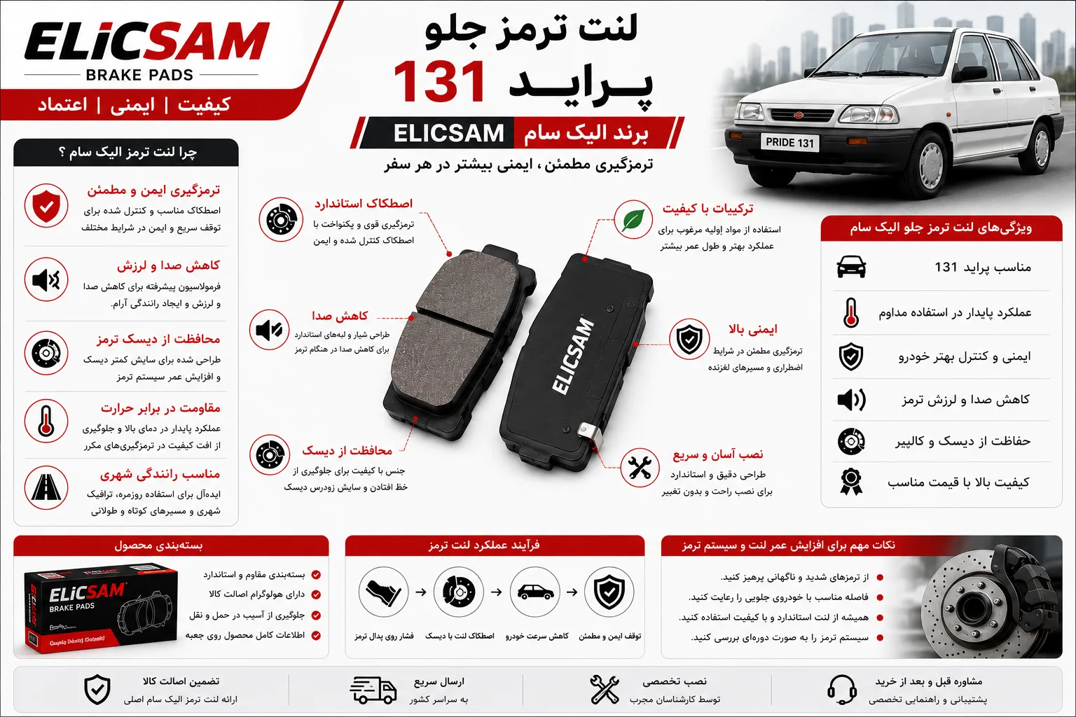 لنت ترمز جلو پراید 131 برند الیک سام ELICSAM