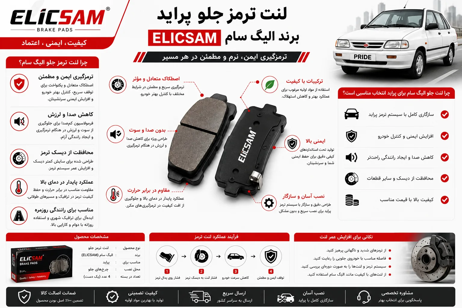 لنت ترمز جلو پراید برند الیگ سام ELICSAM