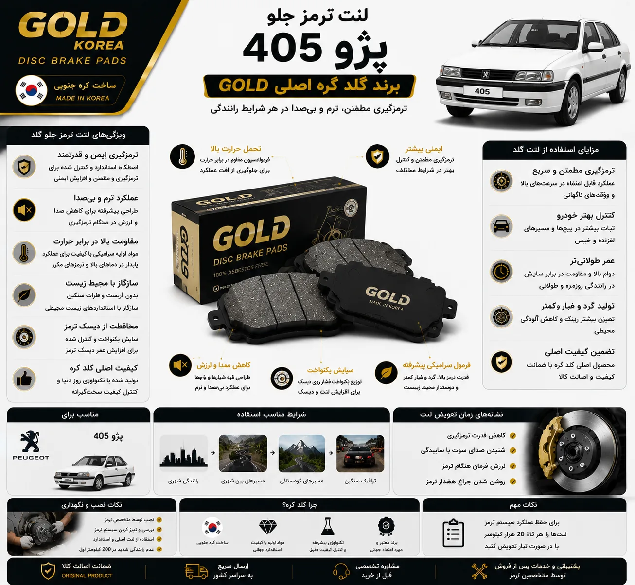 لنت ترمز جلو پژو 405 برند گلد کره اصلی GOLD
