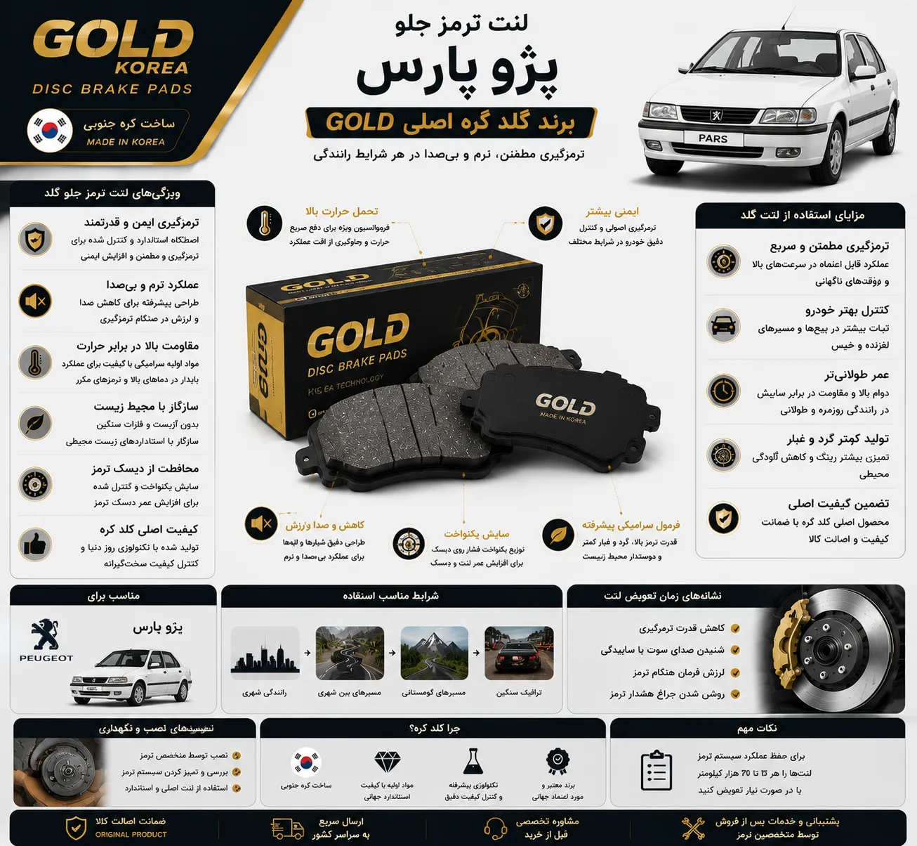 لنت ترمز جلو پژو پارس برند گلد کره اصلی GOLD