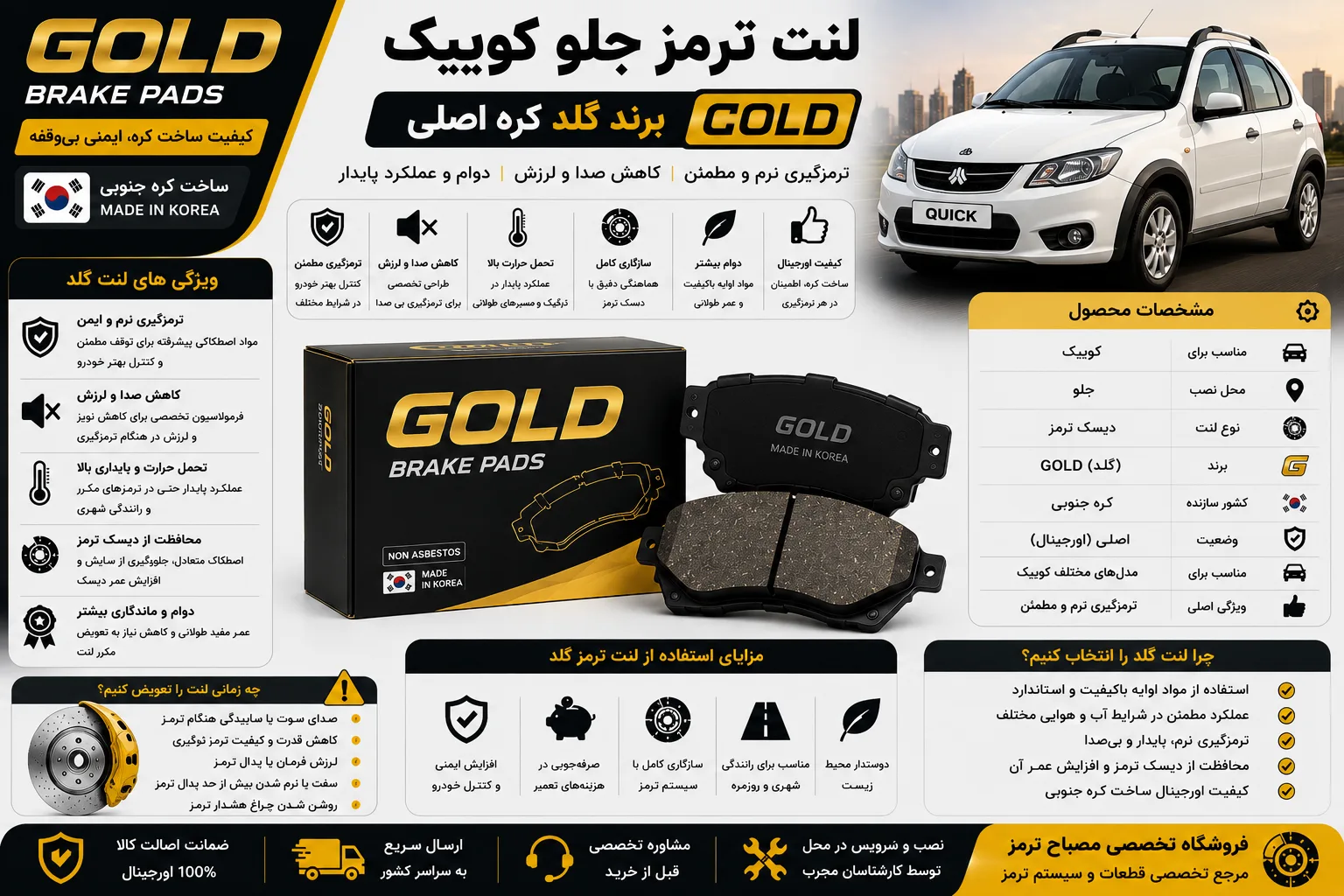 لنت ترمز جلو کوییک برند گلد کره اصلی GOLD
