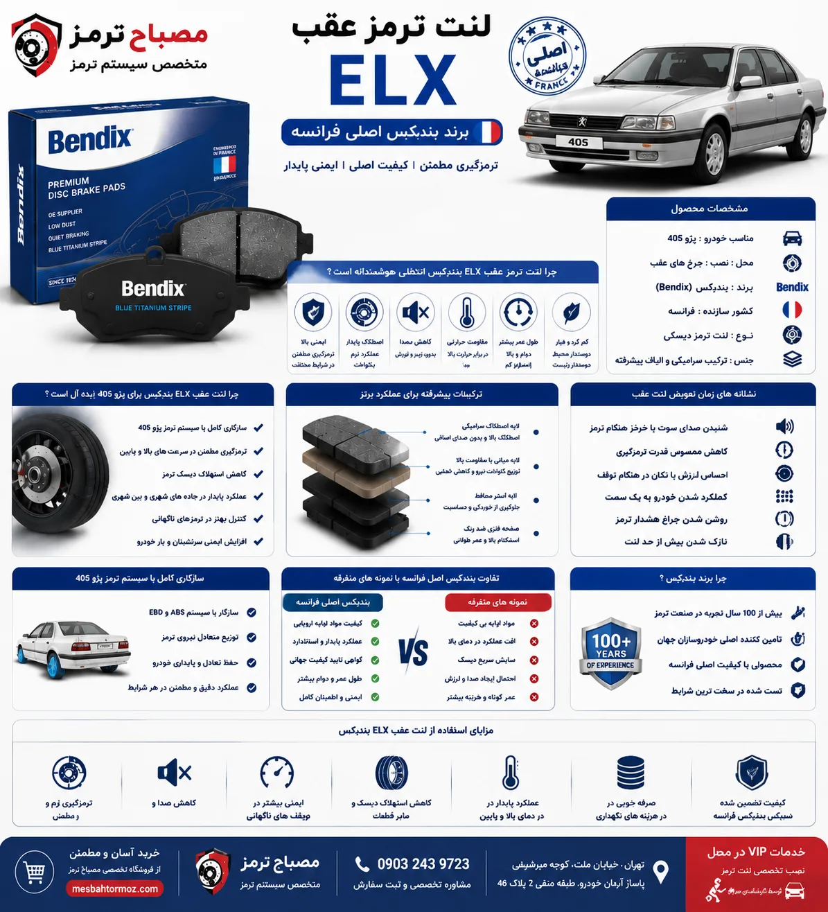 لنت ترمز عقب ELX برند بندیکس اصلی فرانسه Bendix
