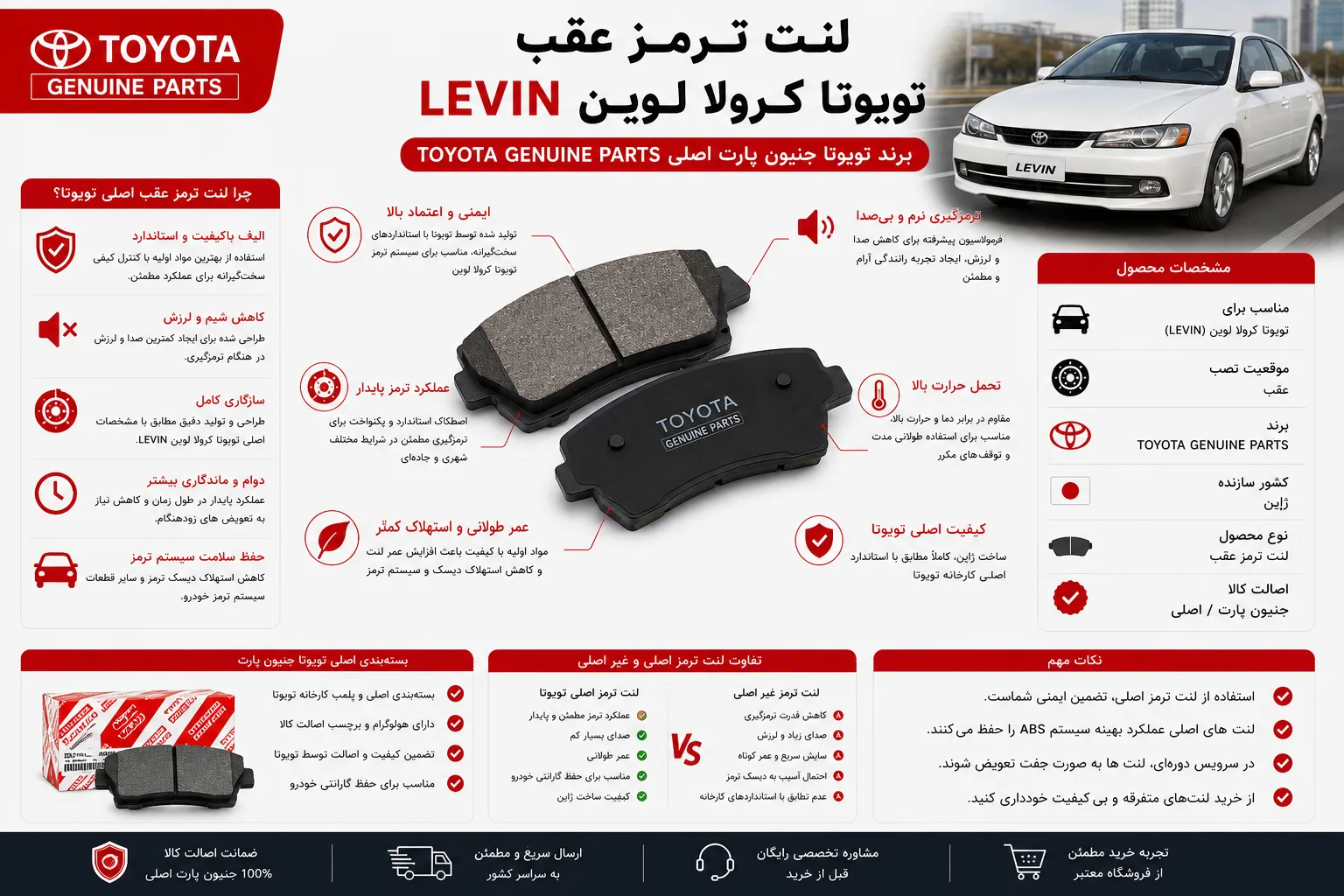 لنت ترمز عقب تویوتا کرولا لوین LEVIN برند تویوتا جنیون پارت اصلی TOYOTA GENUINE PARTS