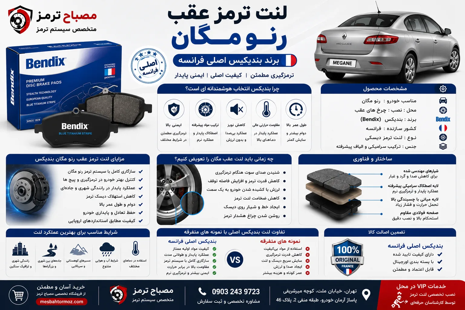 لنت ترمز عقب رنو مگان برند بندیکس اصلی فرانسه Bendix