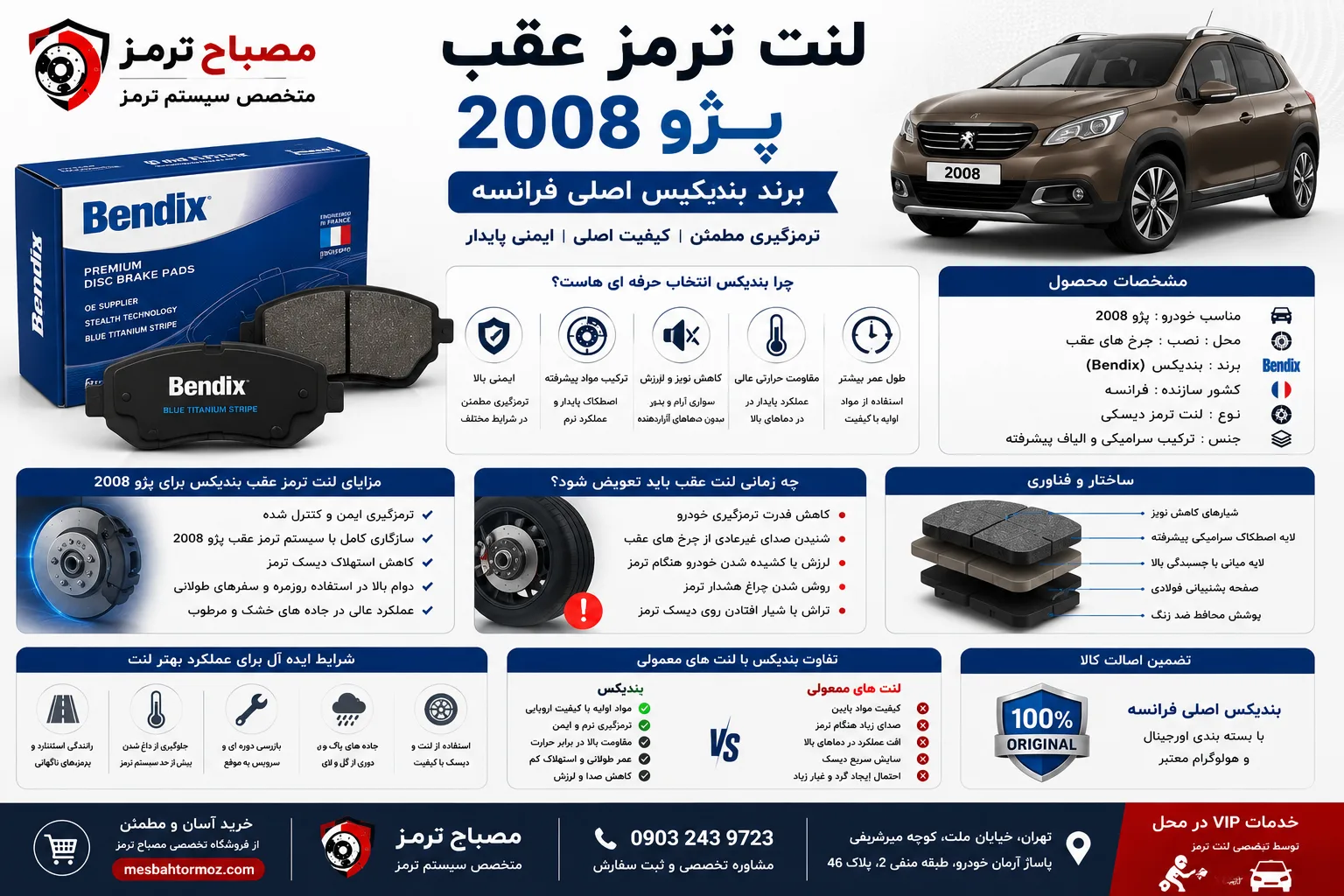 لنت ترمز عقب پژو 2008 برند بندیکس اصلی فرانسه Bendix