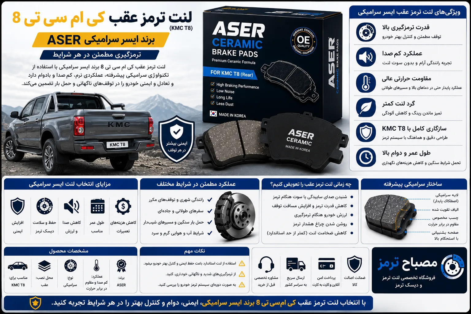 لنت ترمز عقب کی ام سی تی 8 (KMC T8) برند ایسر سرامیکی
