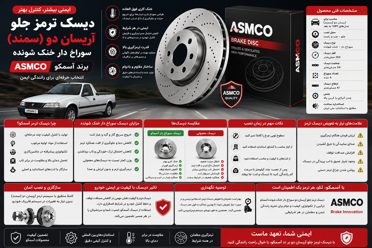دیسک ترمز جلو آریسان دو ( سمند ) سوراخ دار خنک شونده برند آسمکو ASMCO