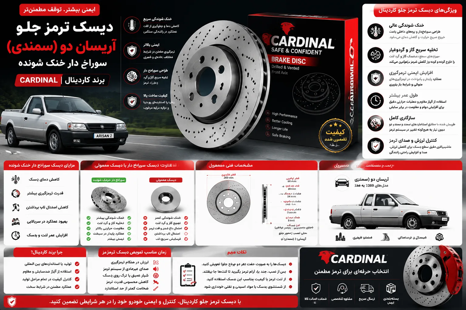 دیسک ترمز جلو آریسان دو ( سمندی ) سوراخ دار خنک شونده برند کاردینال