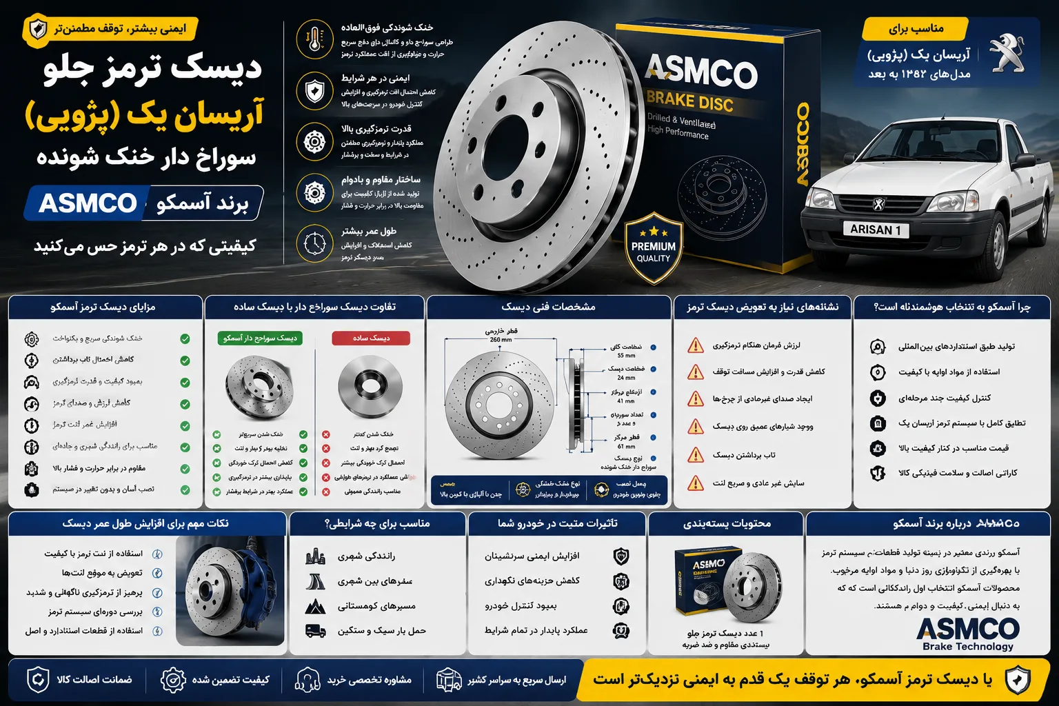 دیسک ترمز جلو آریسان یک ( پژویی ) سوراخ دار خنک شونده برند آسمکو ASMCO