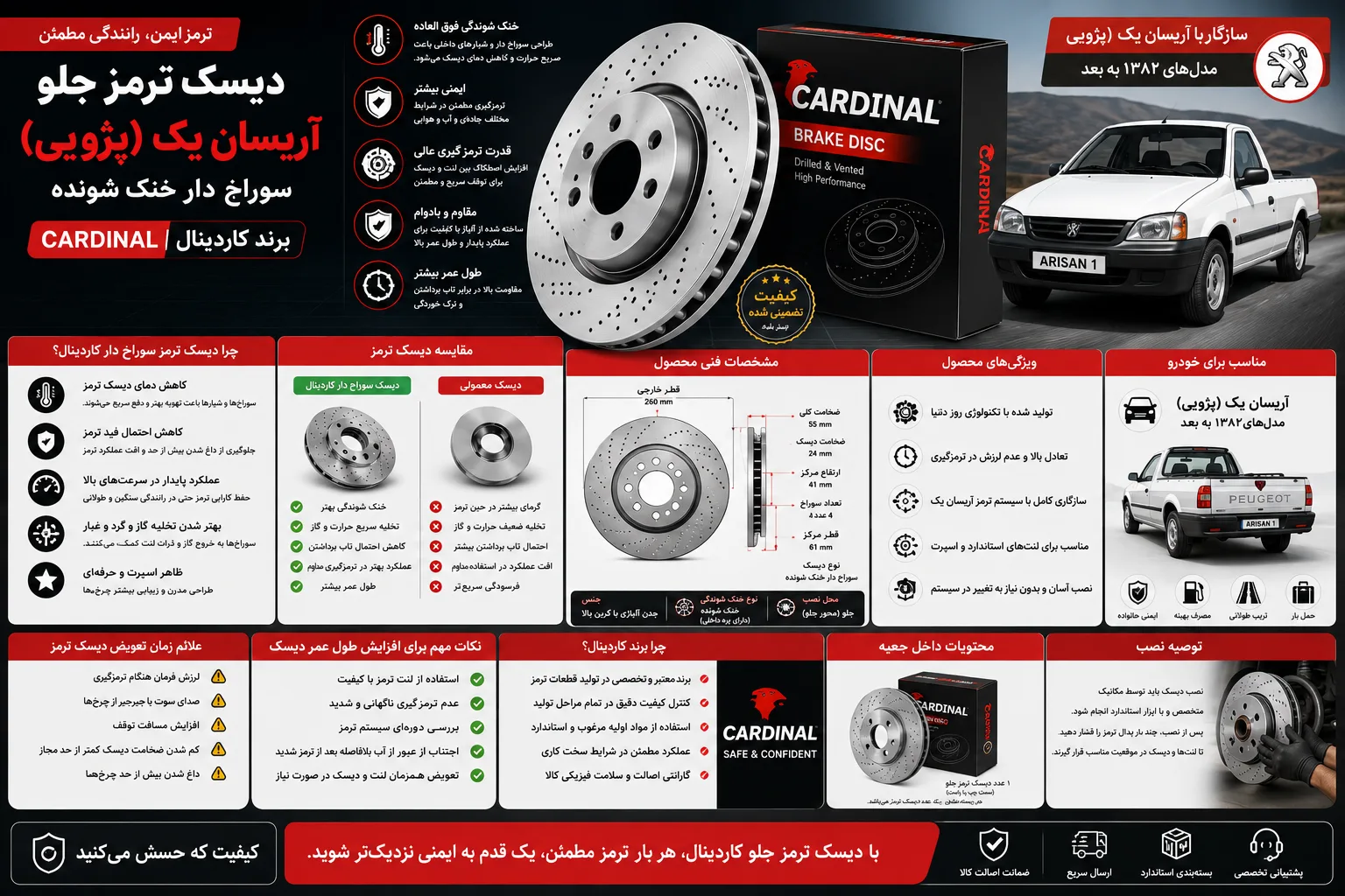 دیسک ترمز جلو آریسان یک ( پژویی ) سوراخ دار خنک شونده برند کاردینال