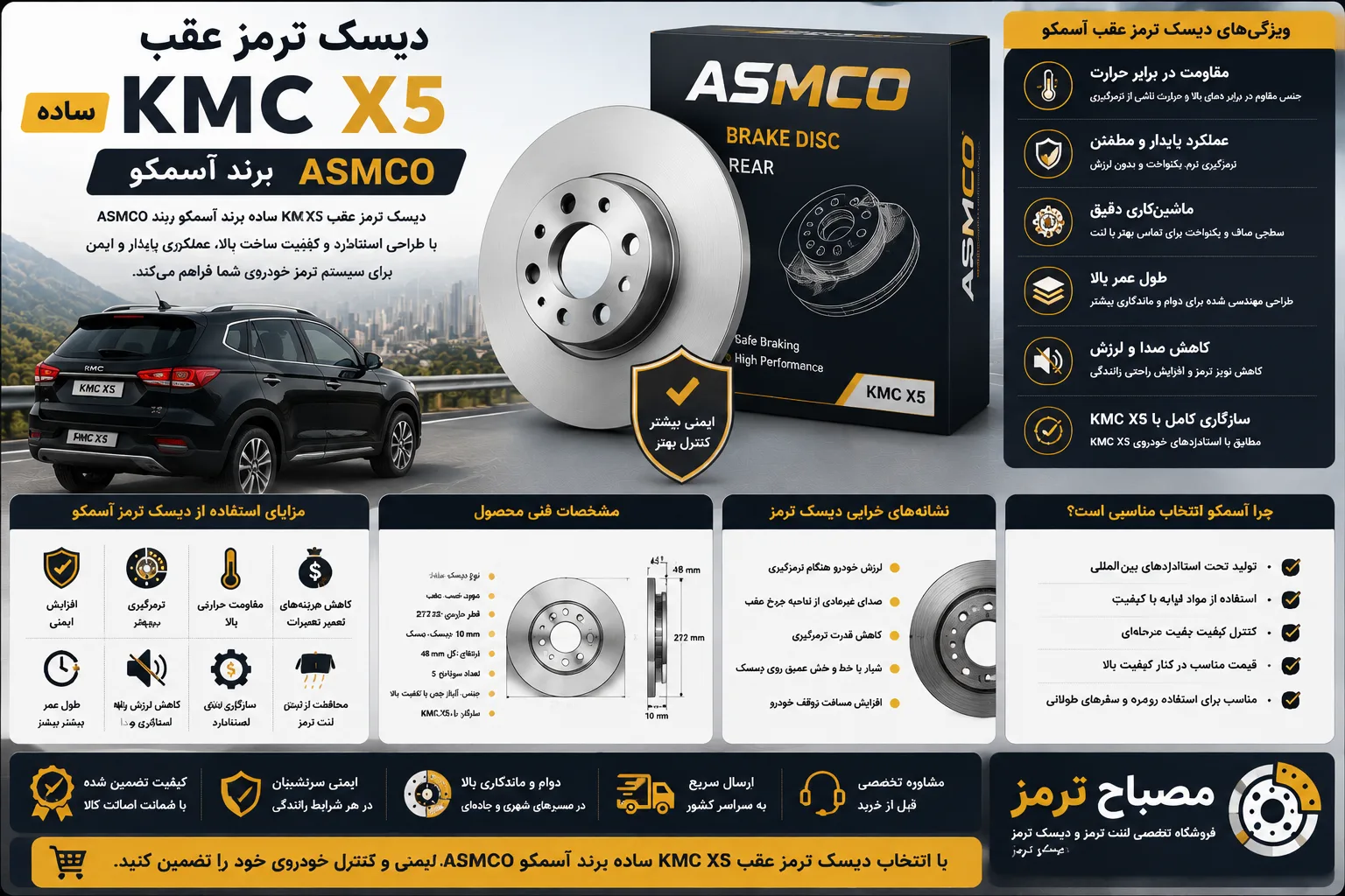 دیسک ترمز عقب KMC X5 ساده برند آسمکو ASMCO