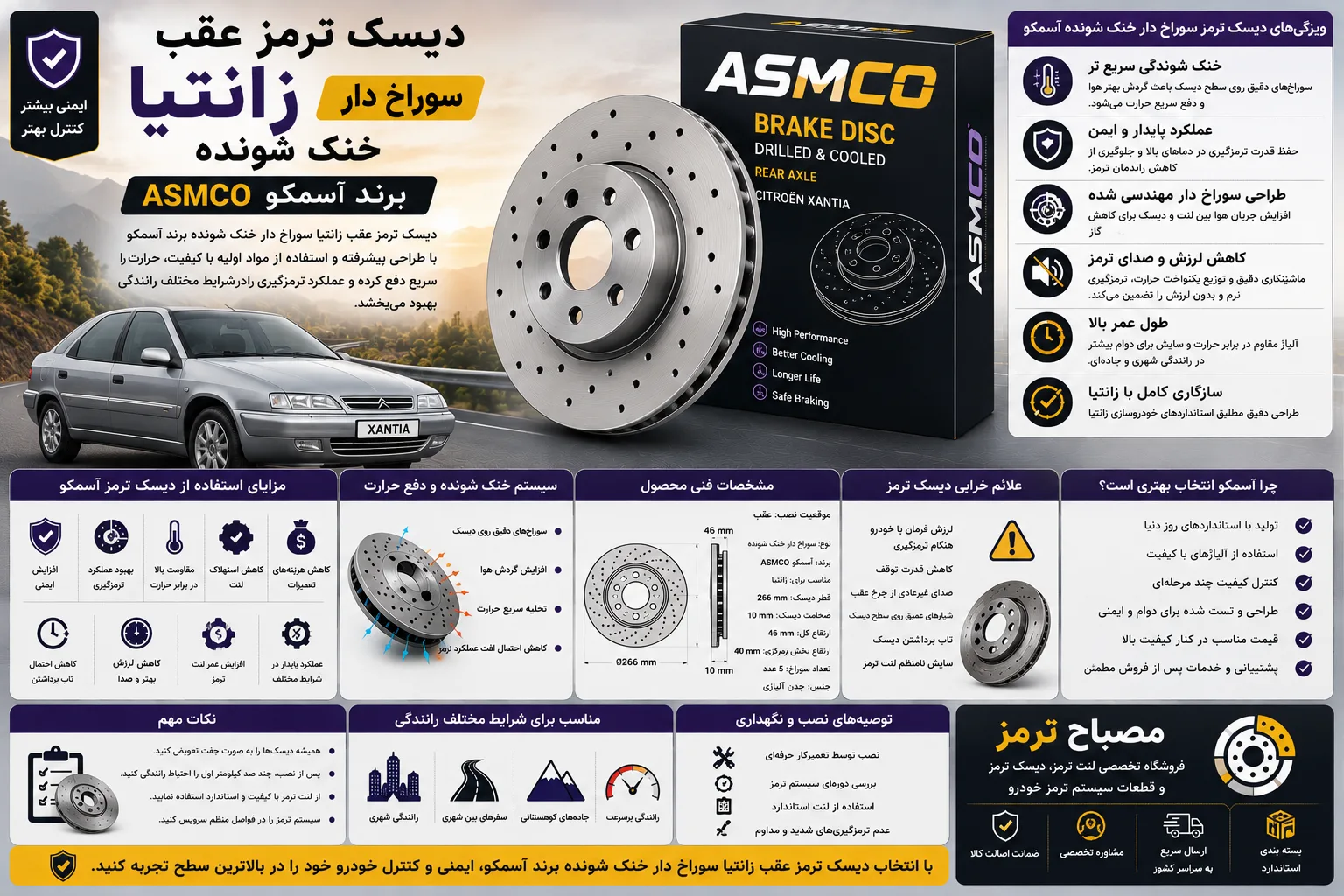دیسک ترمز عقب زانتیا سوراخ دار خنک شونده برند آسمکو ASMCO