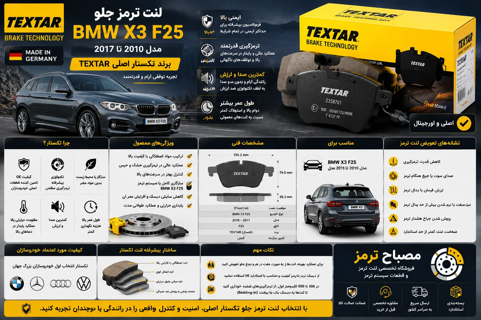 لنت ترمز جلو BMW X3 F25 مدل 2010 تا 2017 برند تکستار اصلی TEXTAR