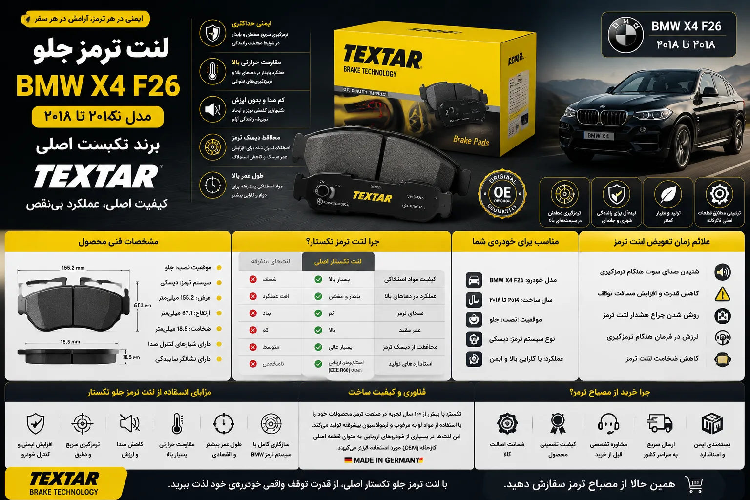 لنت ترمز جلو BMW X4 F26 مدل 2014 تا 2018 برند تکستار اصلی TEXTAR